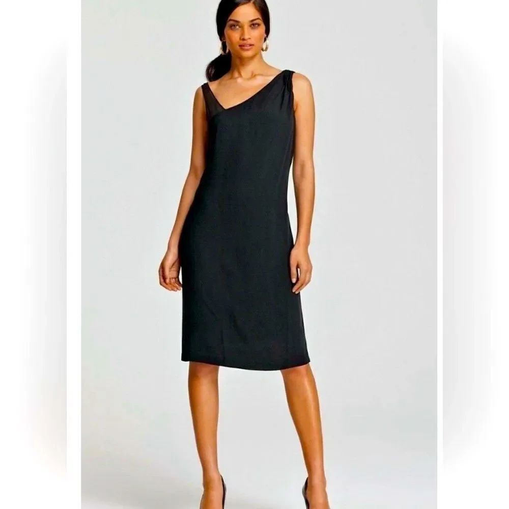 Eileen Fisher Black 100% Silk Georgette Crepe Mesh Strap Sleeveless Sheath Dress